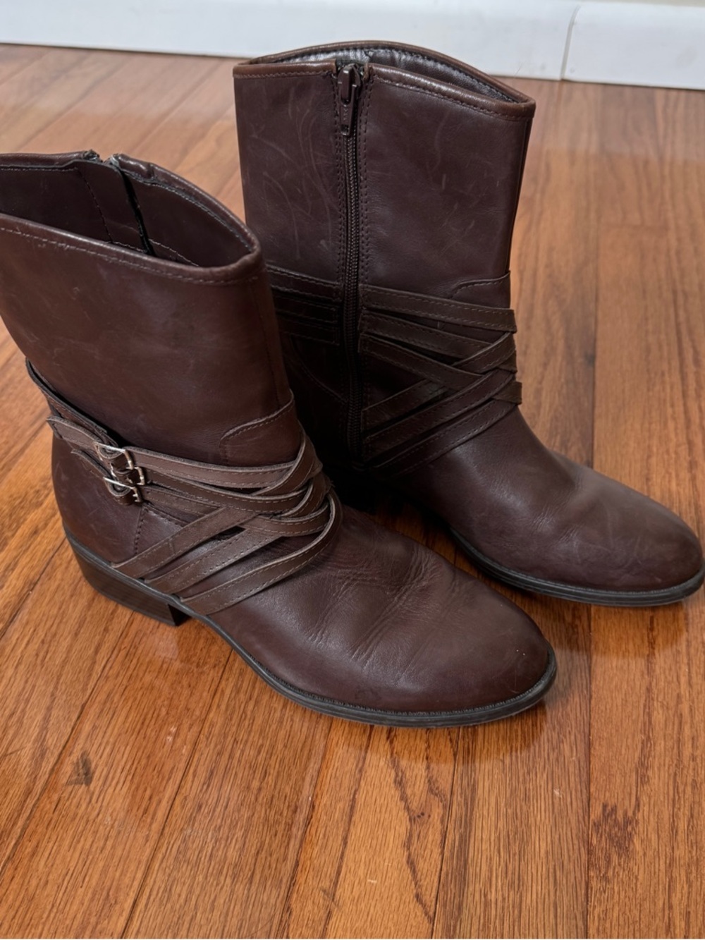 Lauren Ralph Lauren Maya Brown Leather Side Zip Strappy Boots Size 7.5